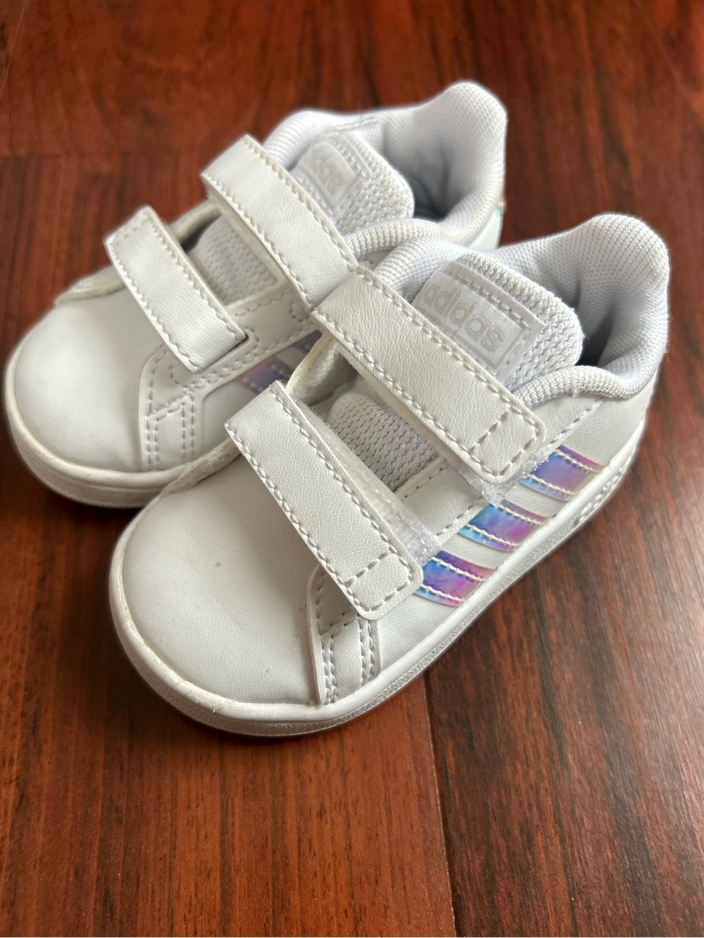 adidas Kids White Sneakers with Iridescent Stripes